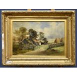 PETER BUCHANAN; 19th century oil on canvas, rural scene with cottage, chickens and haystacks, signed