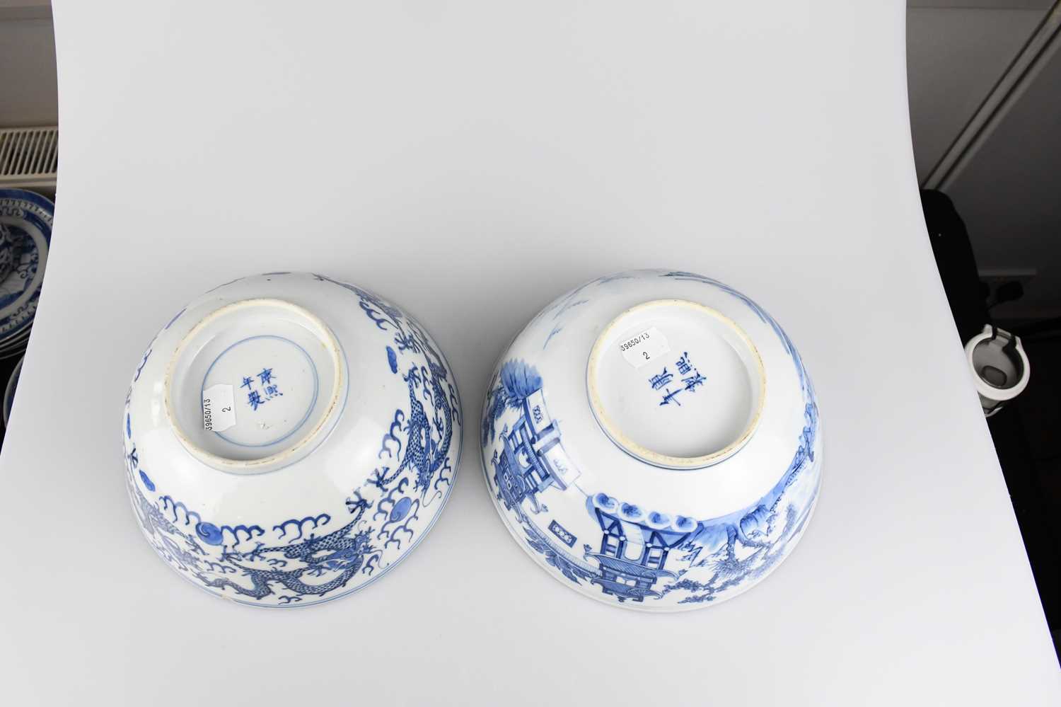 Two 19th century Chinese blue and white porcelain footed bowls comprising an example decorated - Image 3 of 17