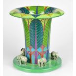 SALLY TUFFIN FOR DENNIS CHINAWORKS; a limited edition trumpet vase decorated with trees on a