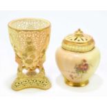 ROYAL WORCESTER; a blush ivory pot pourri and cover decorated with roses and floral sprays, height