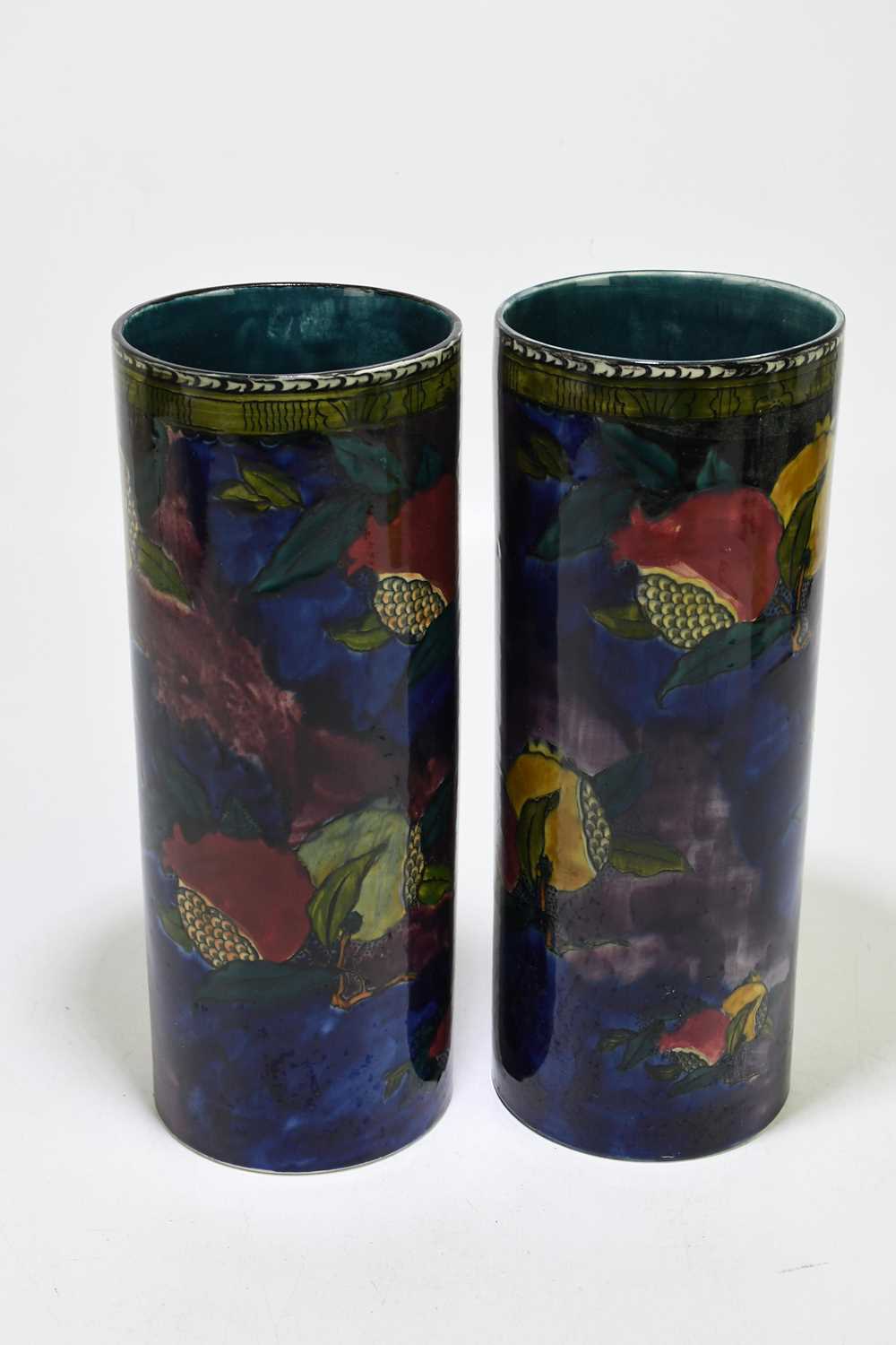 HANCOCK & SONS; a pair of 'Pomegranate' pattern cylindrical sleeve vases, height 32cm. - Image 3 of 6