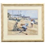 † TOM DURKIN (1928-1990); oil on canvas, beach scene with children and father building a sandcastle,