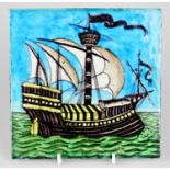 WILLIAM DE MORGAN; an Art Pottery tile painted with a four masted galleon ship in shades of blue,