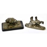 A bronze figure of a vulture attacking a snake, mounted on a black slate plaque, length 14.5cm,