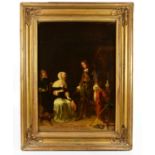 AFTER HOLLÄNDISCHE SCHULE; oil on canvas laid on board, figures in a chamber, in gilt wood and gesso