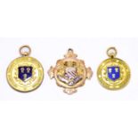 Three 9ct gold and enamel medals, two from the Cheshire County Amateur Bowling Association, and