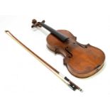 A full size German violin with two-piece back, length 35.8cm, unlabelled, cased with bow.