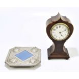 An Edwardian inlaid mahogany eight day mantel clock, height 24cm, with an Arts and Crafts metal