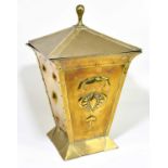 An Art Nouveau embossed brass coal bucket and cover of tapered form, height 60cm.