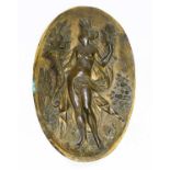 A 19th century cast bronze plaque, decorated with a nude maiden holding a cornucopia, height 37.