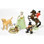 A group of five figures to include a Beswick figure of a dog, a Franklin Porcelain figure of '