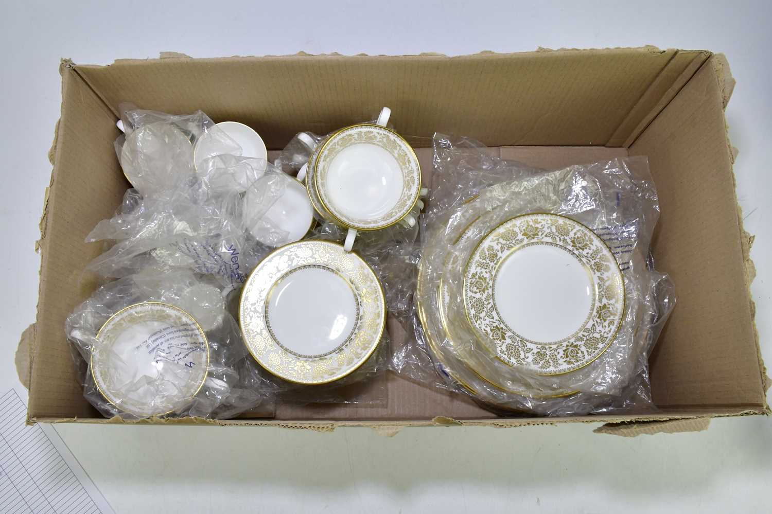 WEDGWOOD; a 'Gold Damask' pattern part dinner service comprising five dinner plates, five dessert - Image 7 of 7