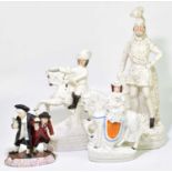 Four 19th century and later Staffordshire figures, including 'Crusader', height 51cm, 'The Drunken