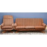 A 1970's teak three seater settee and easy chair, with flecked orange upholstery, settee length