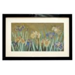 TAKE SATO; watercolour on silk, irises, signed lower left, 39.5cm x 74cm, framed and glazed.