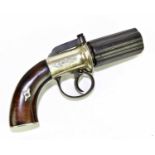 A 19th century pepper-box revolver with steel barrel movement and hammer, the handle adorned with