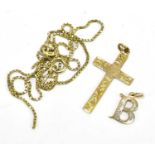 A necklace, stamped 9ct gold, together with a 9ct gold cross pendant and further 9ct gold letter 'B'