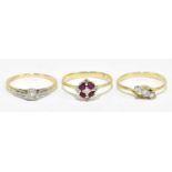 An 18ct yellow gold ruby and diamond set ring, size Q, together with an 9ct yellow gold single stone