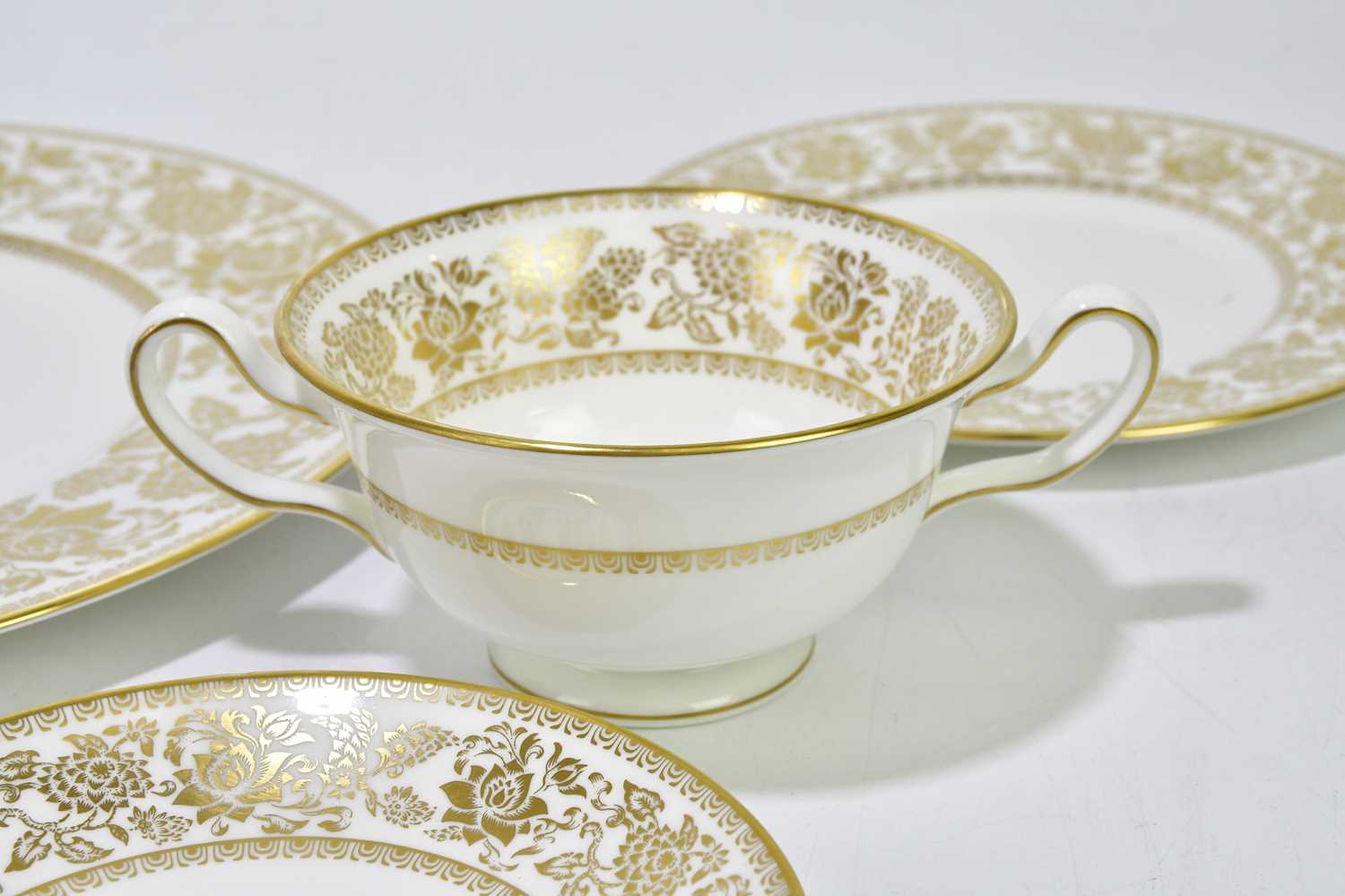 WEDGWOOD; a 'Gold Damask' pattern part dinner service comprising five dinner plates, five dessert - Image 5 of 7