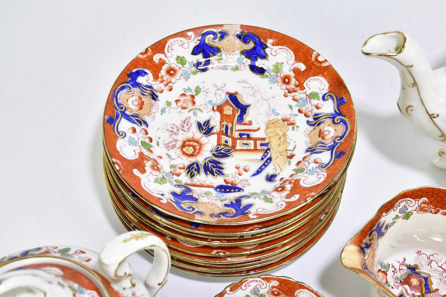 A 19th century Staffordshire Imari pattern part tea service decorated with a Mandarin palette, - Image 5 of 8