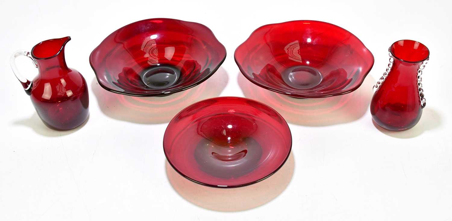 A group of five Whitefriars ruby red glasses, to include two bowls, a dish, a jug and a vase.