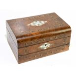 A walnut and inlaid sewing box, with mother of pearl insets and fitted interior, height 15cm,