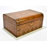 A walnut and inlaid work box, height 14cm, depth 21cm, width 30cm.