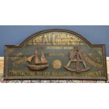 A large wooden sign, 'The Great Grimsby Co Instrument Makers', 60 x 120cm.