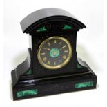 A large slate mantel clock with green marble insert, the dial set with Roman numerals, height 43cm.