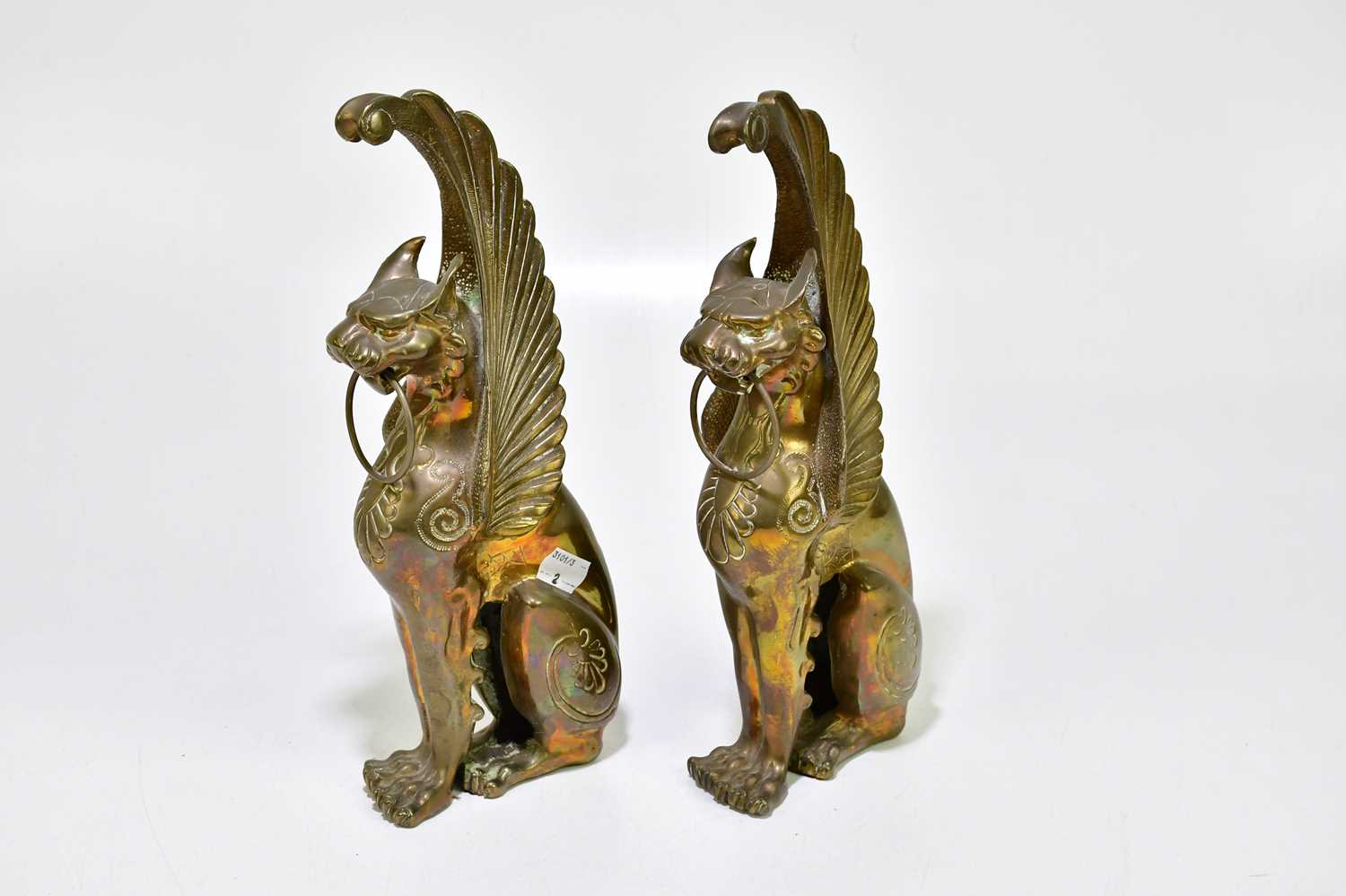 A pair of bronzed metal terminals representing mythical creatures with scrollings wings, height 31cm - Image 2 of 3