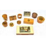 Eight pieces of assorted Mauchline ware, including a string tin for Scott Monument Edinburgh, St