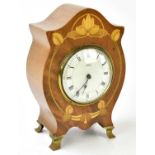 DIMMER, SOUTHSEA; an Art Nouveau style inlaid walnut mantel clock, the white enamel dial set with
