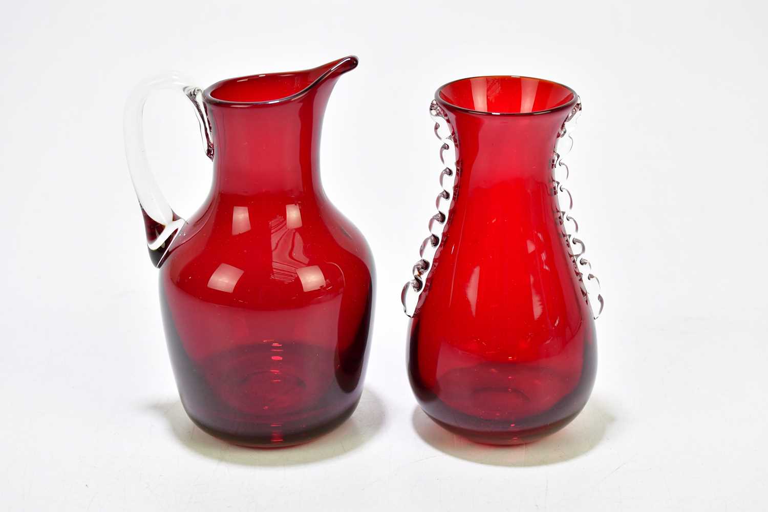 A group of five Whitefriars ruby red glasses, to include two bowls, a dish, a jug and a vase. - Image 4 of 4