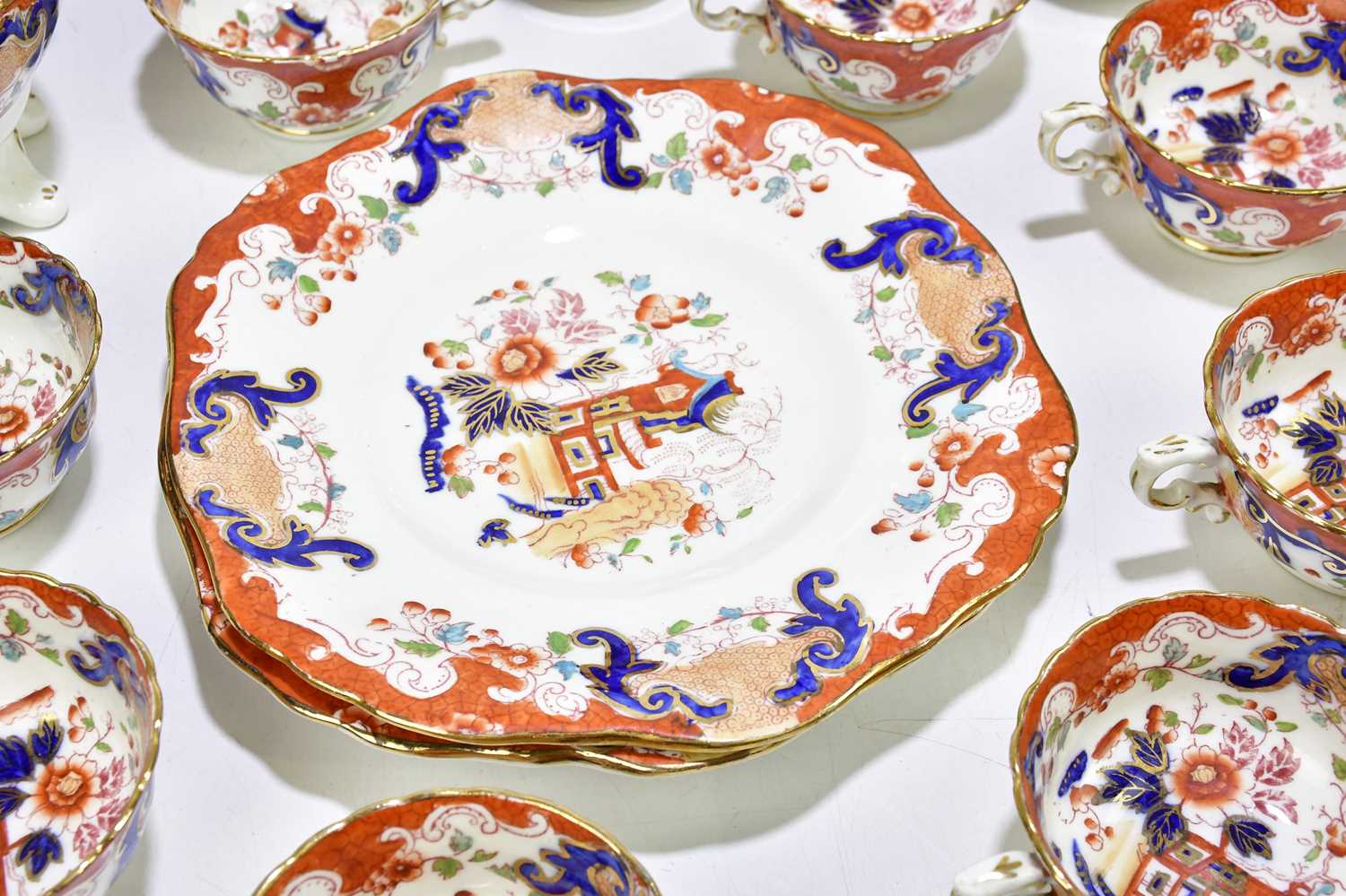 A 19th century Staffordshire Imari pattern part tea service decorated with a Mandarin palette, - Image 3 of 8