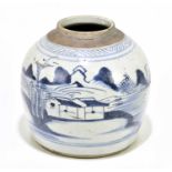 A circa 1800 Chinese porcelain blue and white ginger jar, decorated with a landscape scene.