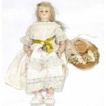 GILLIE; a waxed doll with articulated arms and legs, wearing a bonnet and crinoline dress, length