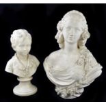 Two plaster busts, one of a woman, the other of a child, largest 62cm.