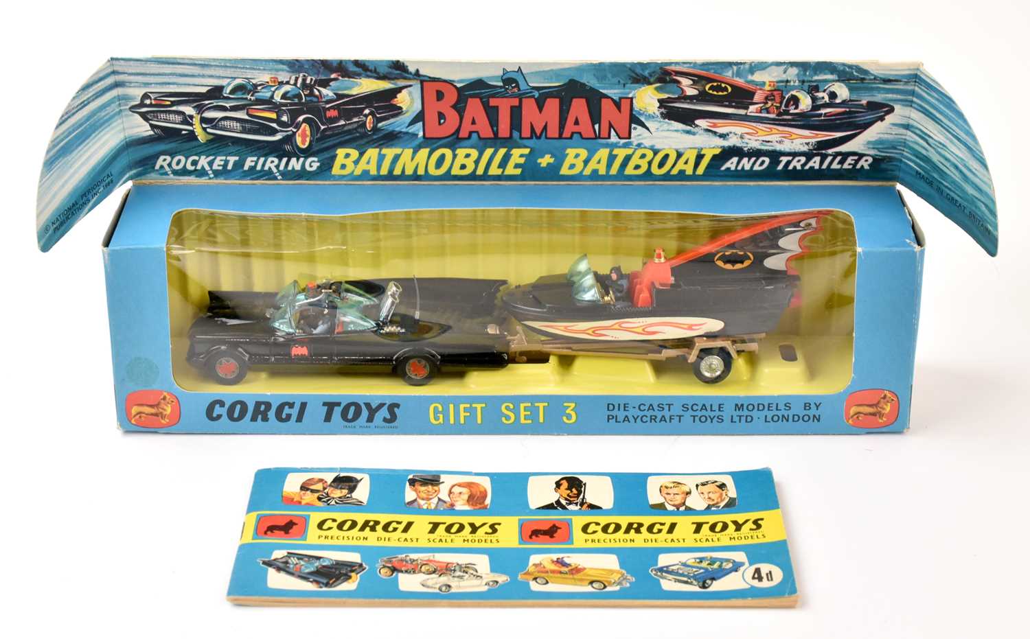 CORGI; a boxed gift set, no.3, Rocket Firing Batmobile, Batboat and Trailer, with open instruction