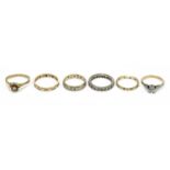 Standard VAT Six assorted dress rings, including 9ct yellow gold, white metal, and yellow metal