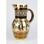GORDON FORSYTH FOR GRIMWADES; a copper lustre jug of bulbous form with cylindrical neck, decorated