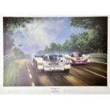 † Nine unframed racing prints to include a Nigel Mansell "Red Five", signed by the artist and