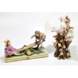 CAPODIMONTE; a group of two doves, and another of children on a see-saw (af)Condition Report: See-