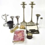 A decorative pair of modern Art Nouveau inspired candlesticks, a cased pair of hallmarked silver