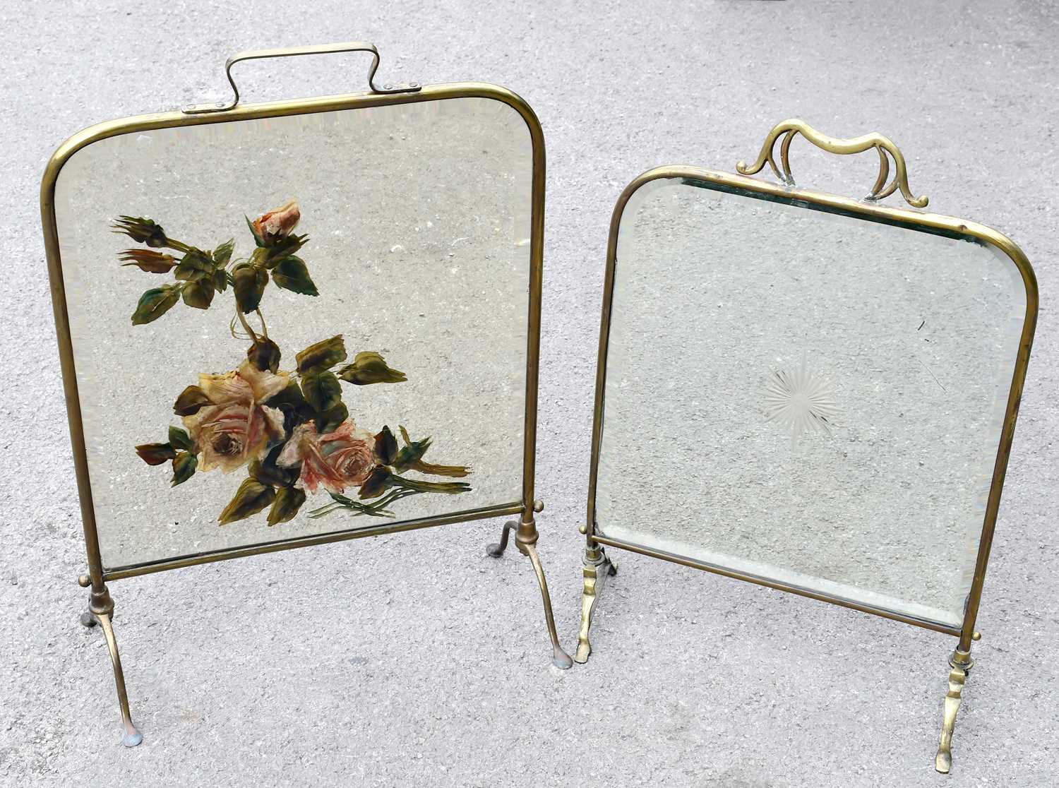 Two brass framed mirrored fire screens (2)