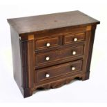 A 19th century oak, mahogany crossbanded and inlaid miniature chest of two short and two long