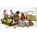 A quantity of assorted metalware, including copper kettle, jug, salt box, miner's lamp, scales