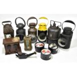 RAILWAYANA; a collection of assorted railway items to include railway lamps, oil bottle, gauges,