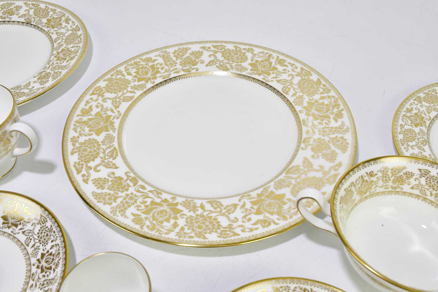 WEDGWOOD; a 'Gold Damask' pattern part dinner service comprising five dinner plates, five dessert - Image 6 of 7