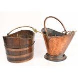 A copper coal bucket, together with a oak and brass bound log bucket.