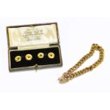 A 9ct curb link bracelet with padlock clasp, with a cased set of four 9ct yellow gold shirt studs,
